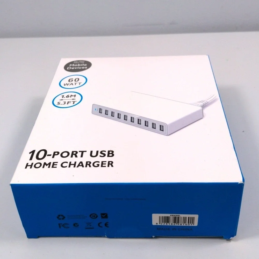 10-Port USB Home Charger 60W Multi-Device Charging Station Hub 5.3ft Cord White